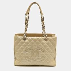 Pre Owned Chanel Pearl White Quilted Caviar Leather GST Shopper Tote