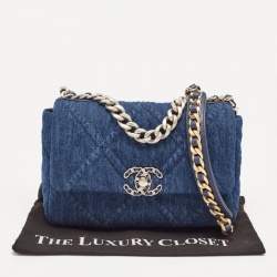 Pre Owned Chanel Blue Quilted Denim Medium 19 Flap Bag