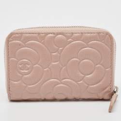 Chanel Pink Camellia Embossed Leather Zip Around Coin Purse