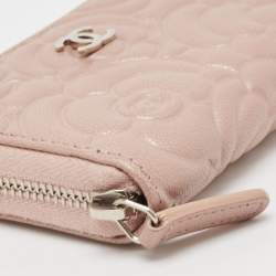 Chanel Pink Camellia Embossed Leather Zip Around Coin Purse