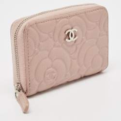 Chanel Pink Camellia Embossed Leather Zip Around Coin Purse