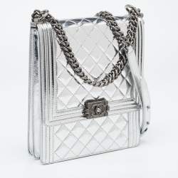 Chanel Silver Quilted Leather North South Boy Flap Bag