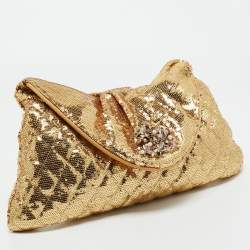 Pre Owned Chanel Gold Quilted Sequins Half Moon Clutch