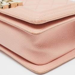 Pre Owned Chanel Pink Quilted Caviar Leather Small Boy Flap Bag