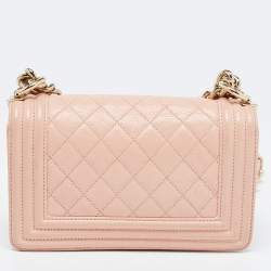 Pre Owned Chanel Pink Quilted Caviar Leather Small Boy Flap Bag