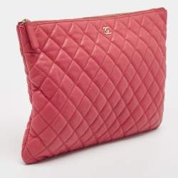 Pre Owned Chanel Pink Leather Large O Case Clutch