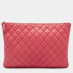 Pre Owned Chanel Pink Leather Large O Case Clutch