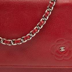 Chanel Red Leather Camellia Wallet On Chain