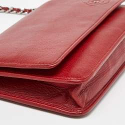 Chanel Red Leather Camellia Wallet On Chain