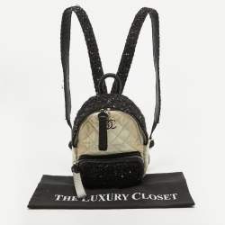 Pre Owned Chanel Black/Off White Quilted Satin and Tweed Sequins Mini Backpack