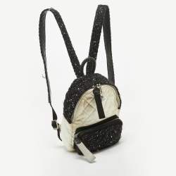 Pre Owned Chanel Black/Off White Quilted Satin and Tweed Sequins Mini Backpack