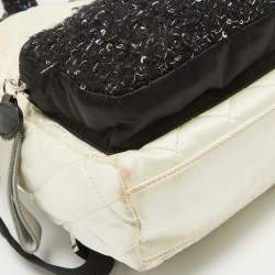 Pre Owned Chanel Black/Off White Quilted Satin and Tweed Sequins Mini Backpack