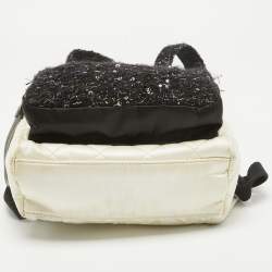Pre Owned Chanel Black/Off White Quilted Satin and Tweed Sequins Mini Backpack
