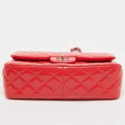 Pre Owned Chanel Red Quilted Patent Leather Jumbo Classic Double Flap Bag