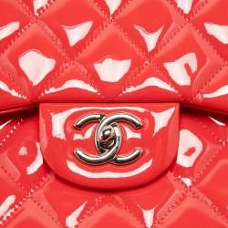 Pre Owned Chanel Red Quilted Patent Leather Jumbo Classic Double Flap Bag