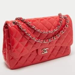 Pre Owned Chanel Red Quilted Patent Leather Jumbo Classic Double Flap Bag