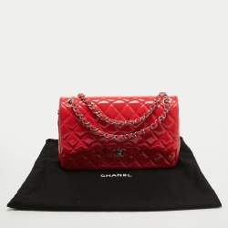 Pre Owned Chanel Red Quilted Patent Leather Jumbo Classic Double Flap Bag