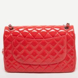 Pre Owned Chanel Red Quilted Patent Leather Jumbo Classic Double Flap Bag