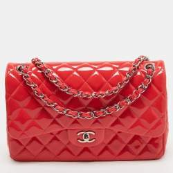 Pre Owned Chanel Red Quilted Patent Leather Jumbo Classic Double Flap Bag