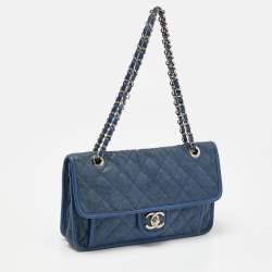 Pre Owned Chanel Blue Quilted Caviar Leather CC French Riviera Flap Bag