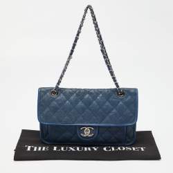 Pre Owned Chanel Blue Quilted Caviar Leather CC French Riviera Flap Bag