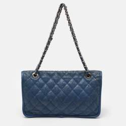 Pre Owned Chanel Blue Quilted Caviar Leather CC French Riviera Flap Bag