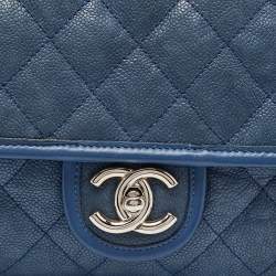 Pre Owned Chanel Blue Quilted Caviar Leather CC French Riviera Flap Bag