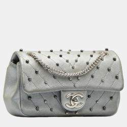 Chanel Silver Leather CC Chevron Studded Leather Flap Bag 