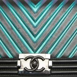 Chanel Black/Holographic Chevron Leather Medium Boy Flap Bag