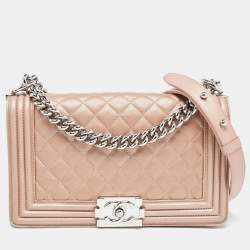 Pre Owned Chanel Metallic Beige Quilted Leather Medium Boy Flap Bag