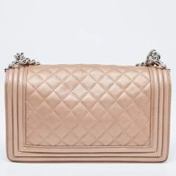 Pre Owned Chanel Metallic Beige Quilted Leather Medium Boy Flap Bag