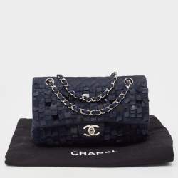 Pre Owned Chanel Navy Blue Quilted Satin Medium Classic Double Flap Bag