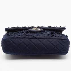 Pre Owned Chanel Navy Blue Quilted Satin Medium Classic Double Flap Bag