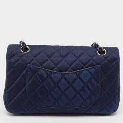Pre Owned Chanel Navy Blue Quilted Satin Medium Classic Double Flap Bag