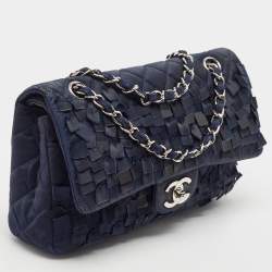 Pre Owned Chanel Navy Blue Quilted Satin Medium Classic Double Flap Bag