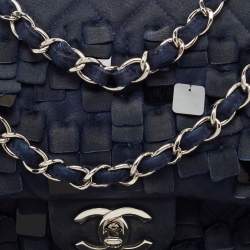 Pre Owned Chanel Navy Blue Quilted Satin Medium Classic Double Flap Bag
