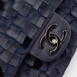 Pre Owned Chanel Navy Blue Quilted Satin Medium Classic Double Flap Bag
