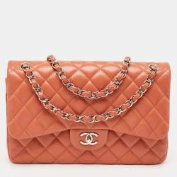Pre Owned Chanel Brick Brown Quilted Caviar Leather Jumbo Classic Double Flap Bag