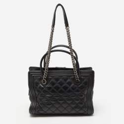 Pre Owned Chanel Black Quilted Double Stitch Leather Boy Tote