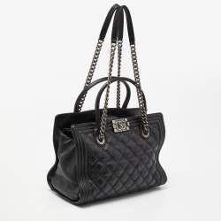 Pre Owned Chanel Black Quilted Double Stitch Leather Boy Tote
