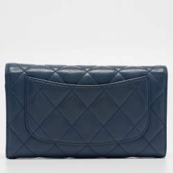 Pre Owned Chanel Blue Quilted Caviar Leather Classic Flap Wallet