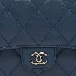 Pre Owned Chanel Blue Quilted Caviar Leather Classic Flap Wallet