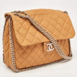 Pre Owned Chanel Brown Quilted Leather Maxi Chain Around Flap Bag