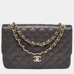 Pre Owned Chanel Black Quilted Caviar Leather Jumbo Classic Double Flap Bag