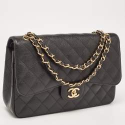 Pre Owned Chanel Black Quilted Caviar Leather Jumbo Classic Double Flap Bag