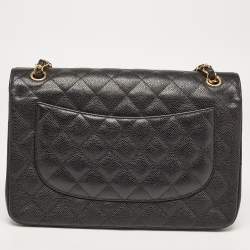 Pre Owned Chanel Black Quilted Caviar Leather Jumbo Classic Double Flap Bag