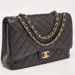 Pre Owned Chanel Black Quilted Caviar Leather Maxi Classic Double Flap Bag