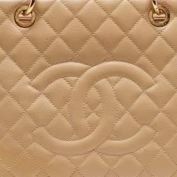 Pre Owned Chanel Beige Quilted Caviar Leather Grand Shopper Tote