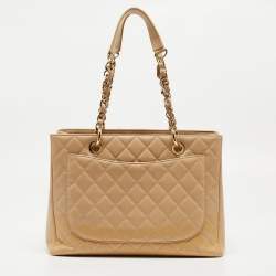 Pre Owned Chanel Beige Quilted Caviar Leather Grand Shopper Tote