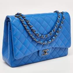 Pre Owned Chanel Blue Quilted Caviar Leather Maxi Classic Double Flap Bag